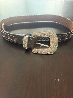 Embellished Black Leather Belt with Pink Stones and Engraved Silver Buckle